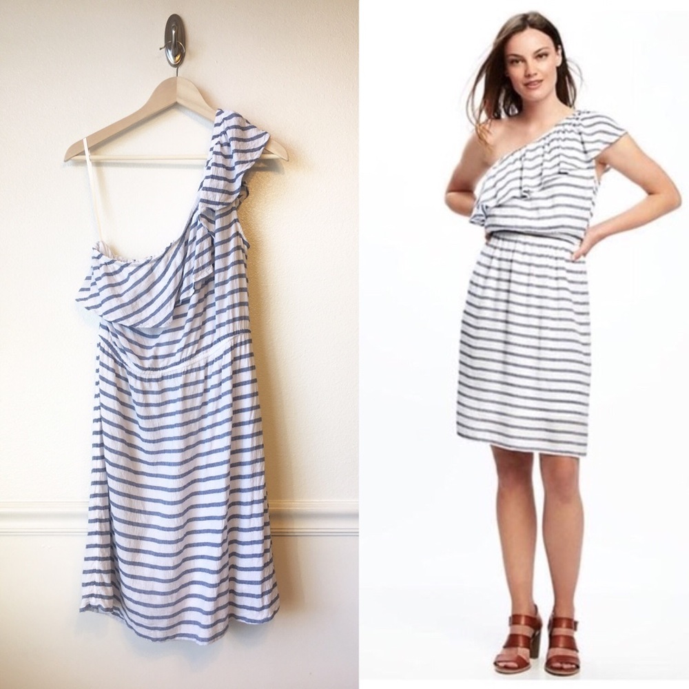 OLD NAVY | Blue White Stripe One-Shoulder Dress L